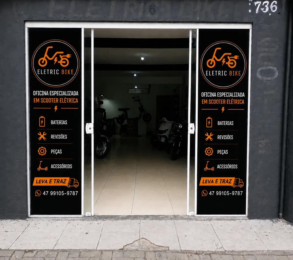 Fachada da Eletric Bike, oficina especializada em scooter elétrica, na R. Manoel Leopoldo Rocha, 736